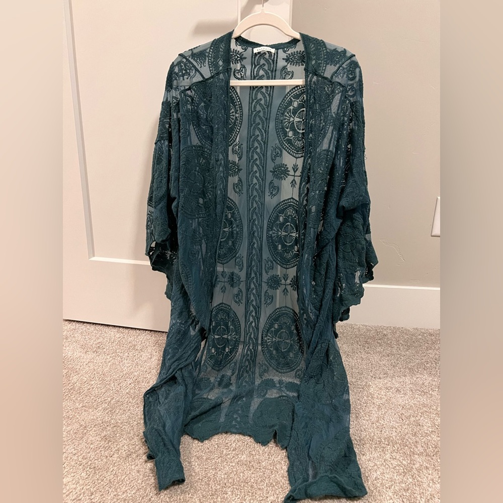 Teal lace kimono cover up